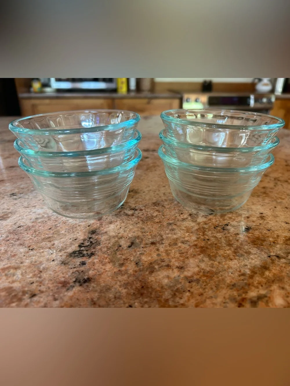 PYREX #463 Set of 6 6oz Blue Tint Clear Glass Fluted 3 Banded Custard Prep Cups